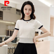 皮爾卡丹（pierre cardin）冰絲短袖女拼色針織上衣夏裝t恤女短款修身矮個(gè)子圓領(lǐng)打底衫薄款 白色黑邊 S:建議80-90斤