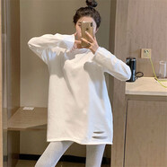 妃麗慕尚秋季韓版寬松百搭純棉破洞長袖t恤女磨毛加厚中長款打底衫上衣潮 【磨毛】A02白色 L