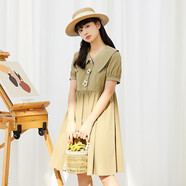 紫涵（ZIHAN）撞色花朵連衣裙女小眾設計感翻領(lǐng)中長(cháng)裙收腰裙子 淡茶綠 XS