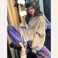 JPN 運動(dòng)套裝女 潮牌秋冬新款時(shí)尚減齡洋氣衛衣衛褲跑步服兩件套 不加絨 灰色衛衣＋紫色褲子 M