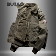 BUTAO 冬季棉衣男工裝休閑外套加絨加厚棉服夾克短款棉襖新款 軍綠色 L