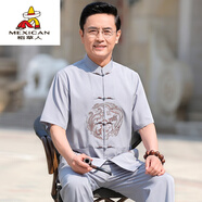 稻草人爸爸夏裝短袖唐裝中老年男休閑襯衫60歲70爺爺棉麻套裝老人衣服薄 淺灰色(短袖套裝) 39/170 90-115斤