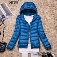 QIYUN 輕薄羽絨服女短款秋冬新款韓版修身薄款短外套女 連帽湖藍色 L 【100-108斤】
