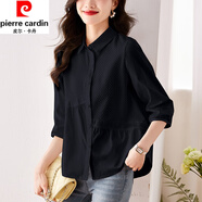 皮爾卡丹（pierre cardin）襯衫女七分袖夏季新款襯衣別致漂亮小衫寬松遮肚中袖上衣顯瘦 黑色 L