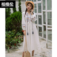柏格倫適合去新疆西藏云南旅游的衣服波西米亞度假風(fēng)棉麻刺繡流蘇系帶收 白色 XL
