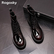 Rogosky 香港潮牌馬丁靴男英倫風(fēng)復(fù)古男靴秋冬季新款增高厚底漆皮高幫鞋青年中筒系帶靴子 拉菲紅 42 皮鞋碼