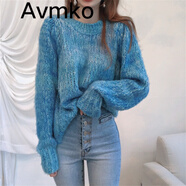 潮牌Avmko毛衣2021新款漸變色加厚粗毛線毛衣女秋冬外穿寬松慵懶風(fēng)設(shè)計(jì)感百搭圓領(lǐng)針織衫 藍(lán)色 均碼