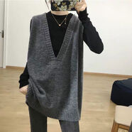 索宛亦（SUOWANYI）中長款韓國簡約休閑寬松毛衣女百搭針織衫深V領(lǐng)馬甲背心上衣 灰色  S 88-108斤