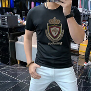 匡都（KRDUGBR）印花短袖T恤男夏季新款圓領(lǐng)半袖打底衫燙鉆內搭上衣冰絲夏裝 黑色 7XL 【220-240斤】