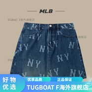 MLB專柜牛仔短裙老花NY復(fù)古半身裙顯瘦包臀裙a字裙DSB01 靛藍(lán)色 代購(gòu) M
