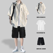 主意范（ZHUYIFAN）胖子超大碼休閑襯衫男士短袖夏季寬松大碼冰絲學(xué)生外套襯衣套裝 C351白色+T恤+短褲 XL (175) 125-145斤