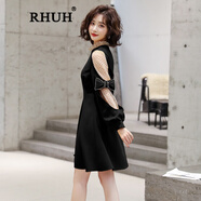 RHUH輕奢潮牌女裝圓領(lǐng)連衣裙女2024年春裝新款韓版拼紗燈籠袖純色裙子 黑色 S