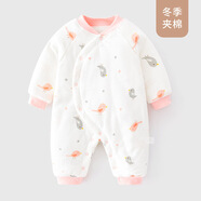 嬰兒連體衣精梳純棉外出服男女寶寶哈衣秋冬薄夾棉衣服新生兒爬服開(kāi)扣閉襠連身無(wú)骨縫棉衣0-1歲 粉小鳥(niǎo)夾棉連體衣 59碼