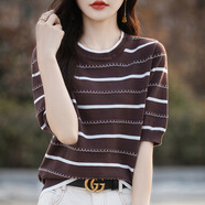 森馬（Semir）2024新款條紋純棉針織短袖t恤春夏新款圓領(lǐng)薄款上衣女甜美風(fēng)寬松 咖啡色 XL--120--135