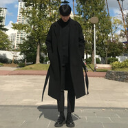 BOYXCO中長款風(fēng)衣男冬季加棉加厚呢子港風(fēng)寬松大碼保暖毛呢時尚大衣襖子 系帶款黑色 L