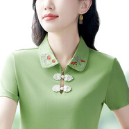 語縵 短袖女T恤2025夏裝新款女裝韓版休閑娃娃領(lǐng)女t國風(fēng)冰絲盤扣短袖 8921果綠 4XL 140-150斤