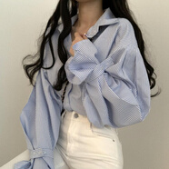 夢(mèng)史怡2021春夏新款韓版學(xué)院風(fēng)設(shè)計(jì)感寬松百搭小眾燈籠袖條紋襯衫上衣女 藍(lán)色 M