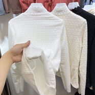 全鶯月2021秋冬新蕾絲打底衫時尚半高領磨毛泡泡袖上衣女