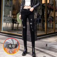亞貝梵黑色牛仔褲女搭配韓版抓絨破洞修身高腰乞丐九分小腳褲外穿潮 黑色【加薄絨】6011 好質量 27 建議94-103斤左右