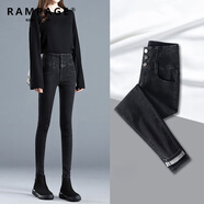 RAMPAGE高品質(zhì)加絨牛仔褲女秋冬季新款超高腰彈力修身顯瘦輕奢百搭褲子女 黑色【棉彈舒適】 常規(guī) 25