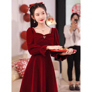 現(xiàn)寶蓮2024敬酒服新娘秋季長袖絲絨訂婚禮服連衣裙酒紅色大氣回門服 酒紅色 長袖 S