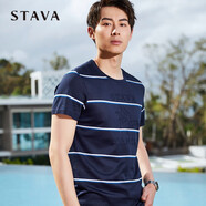 斯得雅（STAVA）條紋短袖男士提花純棉針織t恤簡約帥氣夏季針織上衣29260599S 深藍(lán) M (165)