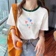 玖卡依（JIUKAYI）短袖純棉t恤女夏季新款女裝韓版寬松體恤時(shí)尚拼接撞色上衣潮 綠領(lǐng)(圖案隨機，介意勿拍） M 建議90-100斤