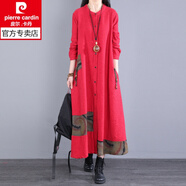 皮爾卡丹（pierre cardin）春季連衣裙年春秋新款復古女裝過(guò)膝長(cháng)袖文藝寬松長(cháng)裙子打底裙 紅色 L