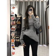 風(fēng)采兔 毛衣女2024秋冬新款美式純欲慵懶風(fēng)軟糯麻花一字肩針織衫潮上衣 灰色 均碼