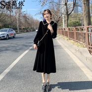 頌簡依法式復(fù)古赫本風(fēng)連衣裙女2024秋冬季新款氣質(zhì)娃娃領(lǐng)黑色中長打底裙 黑色 S