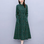 索宛亦 純棉小碎花連衣裙女春夏裝新款長(cháng)袖中長(cháng)款氣質(zhì)收腰顯瘦休閑a字裙 綠色小碎花 2XL  
