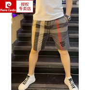 皮爾卡丹品牌高檔男裝 夏季冰絲薄款男士拼色休閑短褲網(wǎng)紅外穿潮流速干沙灘褲格子五分褲針織 紅條深咖色 31