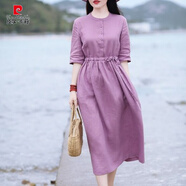 皮爾卡丹（pierre cardin）麻料連衣裙夏季大碼亞麻胖mm圓領(lǐng)短袖大擺裙顯瘦文藝棉麻時(shí)尚中長(cháng) 粉紫色 M 【95-120斤】