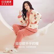 紅豆居家（Hodohome）【加絨加厚】秋冬保暖印花女士開衫長袖睡衣套裝甜美居家服可外穿 蜜橘粉 L 女士170