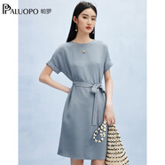 帕羅（PALUOPO）新款22姆米重縐圓領(lǐng)純色短袖連衣裙重磅真絲高腰銷(xiāo)售系帶淑女裙子 藍色 3XL (175/100A)
