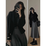 妃莉杋（FeiLiFan）秋冬連衣裙女裝2024新款小個(gè)子時(shí)尚減齡毛呢外套女冬季裙子套裝 黑色外套+灰色半身裙 2XL （135-150斤）