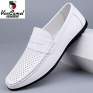 西域駱駝（VANCAMEL）男鞋2025夏季新款鏤空洞洞網(wǎng)眼皮鞋軟底商務(wù)休閑鞋透氣白色豆豆鞋 1805ck白色透氣款 20 39 標準皮鞋碼