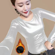 現寶蓮加絨保暖彈力PU皮打底衫女冬裝新款韓版顯瘦時(shí)尚氣質(zhì)長(cháng)袖上衣T 米白色-圓領(lǐng)1810# S 建議40斤內
