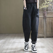 胖妹妹牛仔褲粗腿褲女加肥加大碼牛仔褲女2022秋季新款哈倫褲寬松大碼復(fù)古松緊腰休閑女裝九分褲子 黑色長褲_秋季推薦 2XL_160-180斤