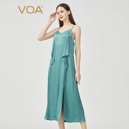 VOA真絲40姆米雙面緞可調節肩帶活頁(yè)開(kāi)叉下擺吊帶桑蠶絲連衣裙AE1076 薄荷青蘭(Q86) M