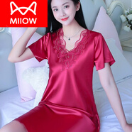 貓人（MiiOW）性感女士睡裙女夏季款冰感蕾絲可外穿真絲綢大碼夏天寬松睡衣裙 8688酒紅 XL 170 【115 130斤選】