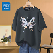 真維斯（JEANSWEST）時尚短袖t恤女學生可愛甜美學院女裝ins風夏季新款純棉寬松上衣服 沉靜灰 淡彩蝴蝶 XL