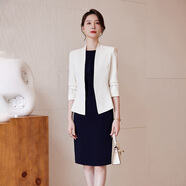 詩(shī)璐雅（SHILUYA）夏秋季小西裝連衣套裙長(cháng)袖氣質(zhì)職業(yè)主持人美容院經(jīng)理職業(yè)裝女裝套 白色西裝外套+藏青色連衣裙 S