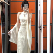 蓉月閣新中式女裝國風(fēng)改良旗袍裙氣質(zhì)名媛修身包臀連衣裙開(kāi)衫兩件套 杏色-兩件套 S