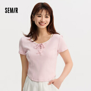 森馬短袖女24年短款緊身假兩件胸口綁帶甜美上衣圓領(lǐng)顯瘦打底衫 粉紅60059 155/80A/S