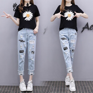歐迪惠新款休閑褲女裝套裝2025年夏季韓版氣質(zhì)短袖衣服女直筒牛仔褲子女 黑色小雛菊+淺色 L