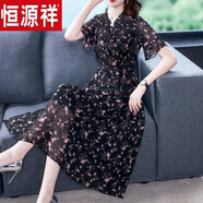 恒源祥雪紡裙子新款2025年春夏裝長(cháng)袖碎花連衣裙大尺碼減齡裙打底長(cháng)裙子 黑色短 袖 L 【建議85-105斤】