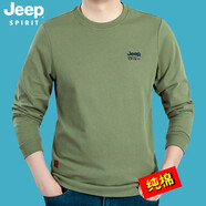 吉普（JEEP）長袖t恤男純棉圓領(lǐng)簡(jiǎn)約休閑男裝上衣秋冬純色打底套頭體恤衫1108 軍綠色 L