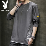 花花公子（PLAYBOY）長袖T恤男2022春季新款韓版潮牌圓領(lǐng)領(lǐng)體恤休閑打底衫男裝青年上 YYHH5102深灰 M
