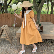 拼接連衣裙女夏新款韓版寬松學(xué)生收腰顯瘦學(xué)院風(fēng)泡泡袖中長款裙子 桔色 S 建議80-95斤
